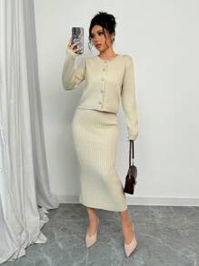 Chiquease 2pcs/Set Solid Front Button Long Sleeve Top And Skirt Knit Set