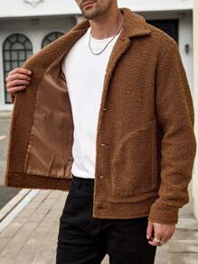 Manfinity VCAY 男士针织宽松落肩保暖内衬披肩领夹克，适合秋冬季，外出保暖长袖休闲卡其色羊羔绒夹克，适合朋友、丈夫、男朋友的礼物