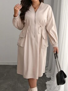 Calvaya Plus Size Women's Beige Solid Color Smart Casual Everyday Shirred Sleeve Cuff Drawstring Waist Zip Up Pocket Short Dress For Autumn Spring & Maxi - Apricot - View 4