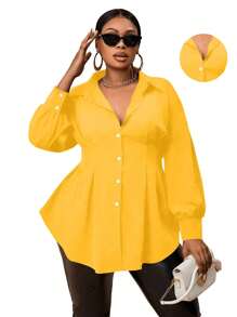 Maweii 大码女式纯色长袖单排扣腰衬衫 - 黃色 - 查看 1