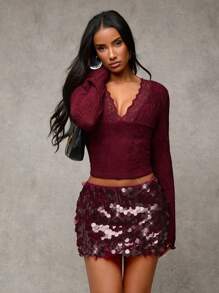 SHEIN BAE Minigonna aderente a tinta unita con patchwork di paillettes per donne - Bordò - Visualizzare 7