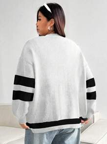 Flirla Comfortable Loose Fit Versatile Black & White Casual Cardigan, Plus Size, For Winter