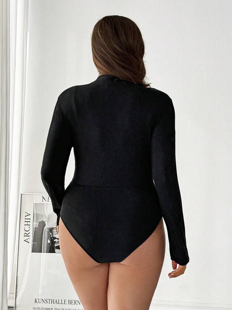 Plus Mock-neck Mesh Insert Rib-knit Fitted Bodysuit
