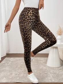 SHEIN LUNE 2024 New Brown Leopard Print Petite Women's Fashion Biker Style Leggings  Leopard Print