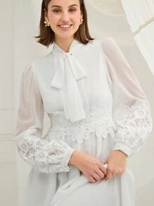 Enchnt Váy dài tay đèn lồng ren trắng thanh lịch dành cho nữ mùa xuân hè lãng mạn, thích hợp cho ngày lễ tình nhân, ngày lễ, kỳ nghỉ, buổi hẹn hò ngọt ngào và đi làm hàng ngày - trắng - Xem 3