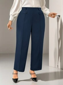 Firerie Pantalones rectos elegantes de pierna en forma de palillo con diseño de botón en la cintura para mujeres de talla grande de un solo color