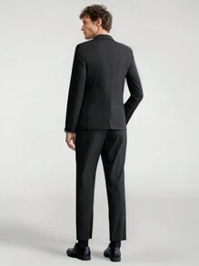 Manfinity VCAY Hombres Conjunto de falda de traje casual de solapa tejida unicolor de un solo botón y pantalón de traje