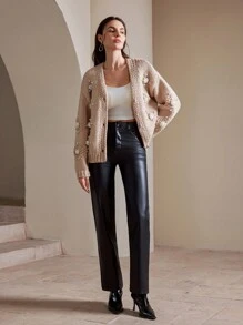 Anewsta V-Neck Long Sleeve Cardigan With 3D Pearl & Floral Decor, Elegant Knit Cardigan, Women For New Year - Khaki - View 4