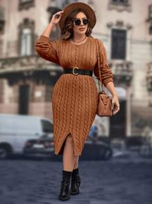SHEIN Clasi Plus Size Solid Color Crew Neck Twist Pattern Casual Everyday Long Sleeve Sweater Dress