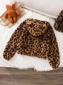 SHEIN Tween Girls Leopard Print Reversible Teddy Thermal Lined Thick Jacket With Cute 3D Ears Hood, Casual For Autumn/Winter