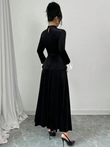 Elenzga Set de blusa de manga larga con volantes y falda larga de estilo palaciego elegante en 2 piezas de terciopelo con contraste de color, para primavera, otoño e invierno