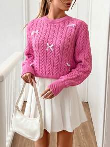EURMUSE Women Round Neck 3d Ribbon Detailed Cute Textured Sweater Pullover - Hot Pink - View 4