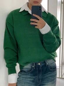 DAZY Men's Solid Color Turndown Collar Long Sleeve Casual Pullover Sweater, Autumn - Green - View 5