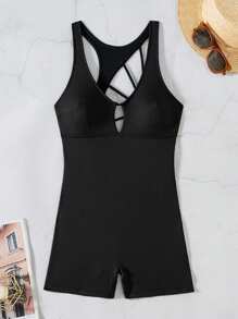 Women Sexy Black Ribbed Fabric Backless Ring Decor Ruched Design Surfing Swimsuit Summer - Black - View 5