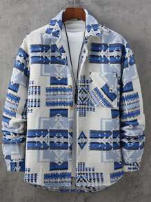 Manfinity RSRT Men's Casual Geometric Pattern Patchwork Pocket Shacket - Blue - View 1