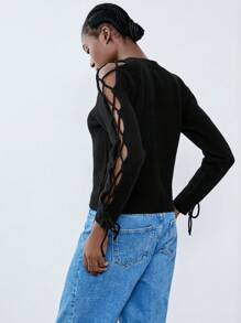 Lumivelle Black Sleeve Decor Pullover Sweater, Autumn/Winter
