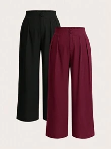 Elaquor 大码女式纯色褶皱阔腿休闲裤秋季女裤纽扣拉链长裤松紧后腰长裤女士办公室长裤 - 酒紅色 - 查看 1