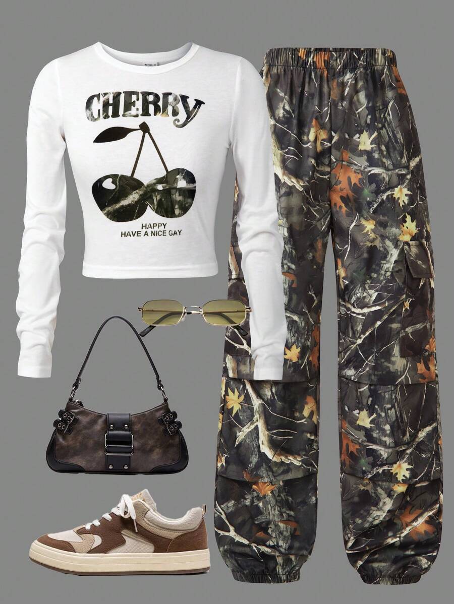 SHEIN Explorewe Tween Girls Chic Cherry Graphic Top Paired With Digital Print Cargo Pants, Casual Street Fashion - White - View 1