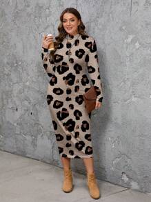 SHEIN LUNE Đầm xòe họa tiết chấm bi đơn giản, đơn giản, cỡ lớn, tay dài, dáng ôm, phù hợp cho mùa thu/đông - Nhiều màu - Xem 5