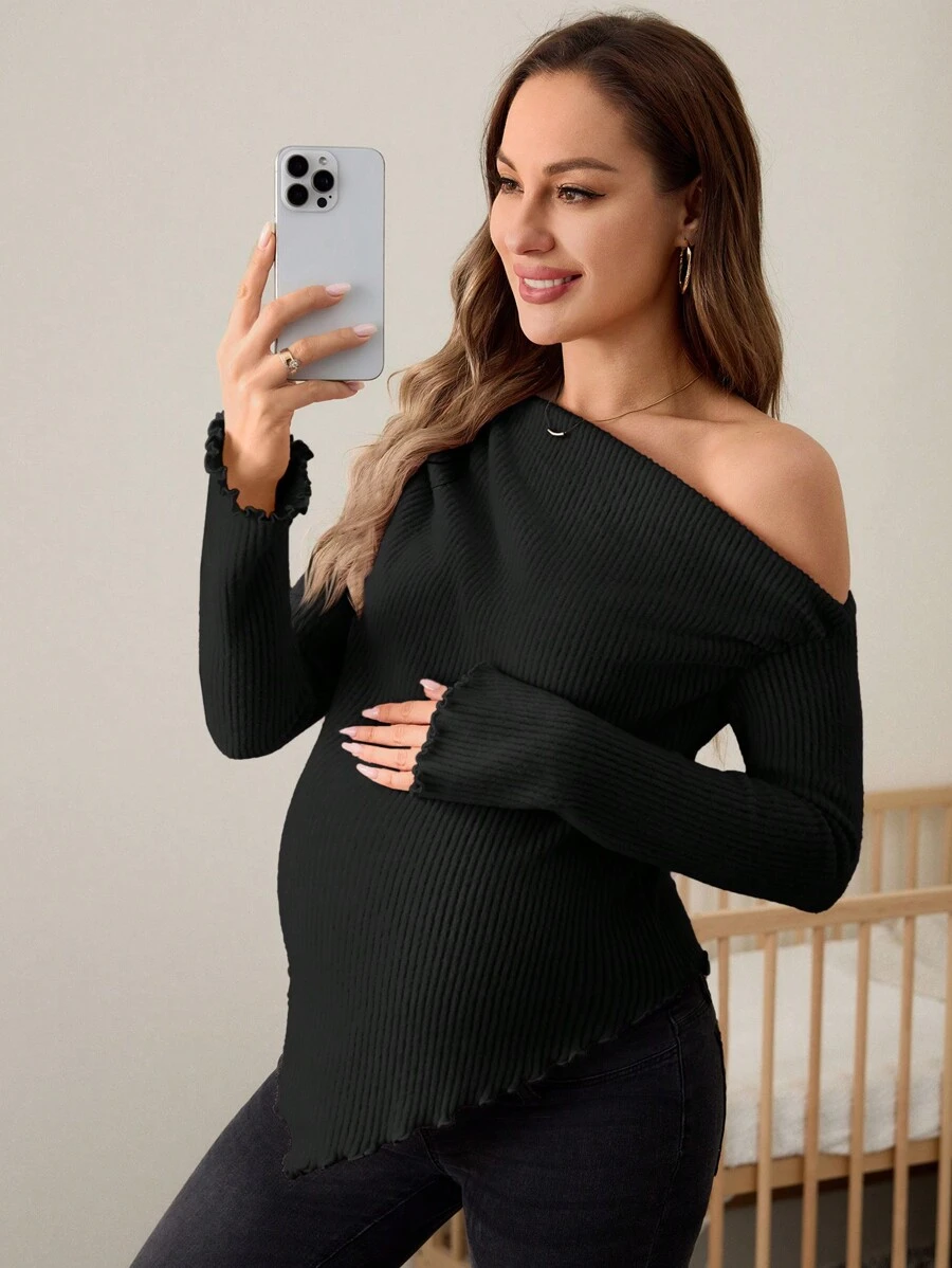 SHEIN Maternity Asymmetric Ruffle Collar T-Shirt, Autumn/Winter - Black - View 1