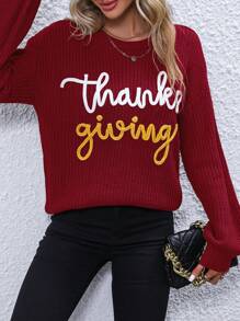 SHEIN LUNE Women's Letter Pattern Crew Neck Drop Shoulder Long Sleeve Knit Sweater, Autumn/Winter For New Year Knit Pullover Fall - Red - View 3