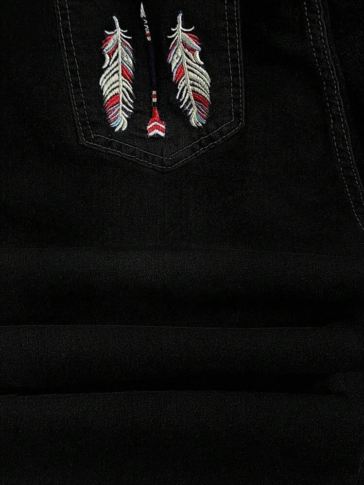 Jeans de campana con bolsillo delantero, bordado de plumas, para uso casual de primavera, color negro - Negro - Añade 4
