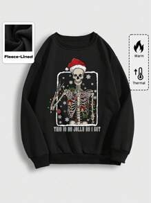 ROMWE Goth 深色圣诞骷髅印花大码运动衫 - 黑色 - 查看 1
