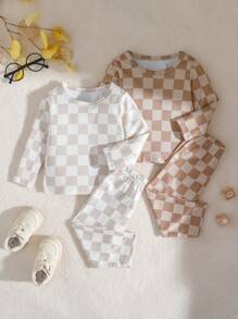 Baby Boy 2 Pieces Set, Ribbed Fabric Top & Checkerboard Pattern Bottoms Outfit, Fashionable For Indoor Or Autumn/Winter Base Layer Wear