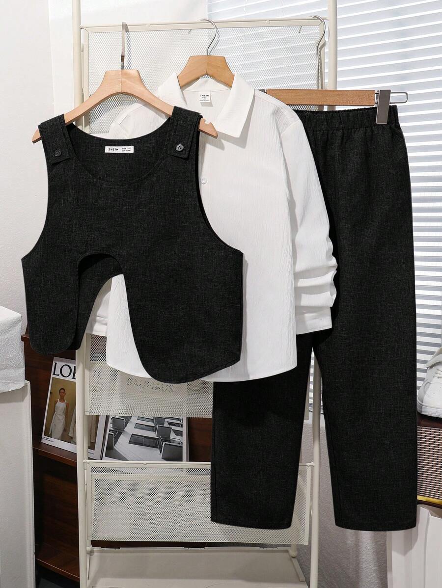 SHEIN Leap Crew 3 件套青少年男孩休闲格子衬衫、背心和裤子套装，适合通勤、上学、日常休闲装、运动、秋冬季 - 黑色 - 查看 1