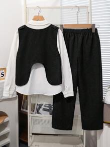 SHEIN Leap Crew 3 件套青少年男孩休闲格子衬衫、背心和裤子套装，适合通勤、上学、日常休闲装、运动、秋冬季 - 黑色 - 查看 3