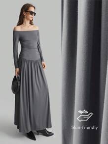 Ontre Vestido largo de punto gris con hombros descubiertos, vestido de Año Nuevo y fiesta para damas, vestido largo de manga larga de punto gris con hombros descubiertos, plisado, elegante y cómodo, de piel amigable, atuendo de otoño/invierno - Gris - Ver 2