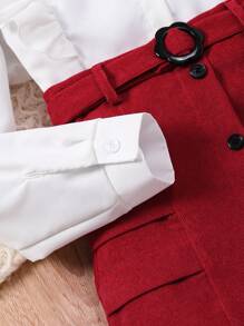 Conjunto de 2 piezas para niña preadolescente con blusa de manga larga con botones delanteros y decoración de moño, talla grande falda mini - Rojo - Ver 5