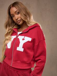 MISSGUIDED Athletic University Style Zip Up Varsity Letter NY Logo Sweatshirt Casual Fall Sportswear Hooded Sweatshirt Winter Workout Comfortable Athleisure - Rose Red - View 4
