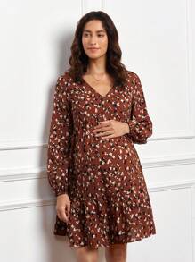 SHEIN Vestido corto de manga larga con escote en V y estampado completo de moda para embarazadas