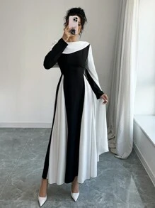 Rafferiza Women's Round Neck Pleated Color Block Elegant Extra Long Sleeve Dress Fall Cloth For Women - Black and White - View 3