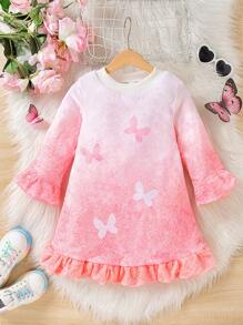 SHEIN Young Girl' High Collar Digital Butterfly Print Ruffle Hem Dress, Thick Warm Comfortable & Fashion Cute For Outings, Autumn/Winter - Multicolor - View 1