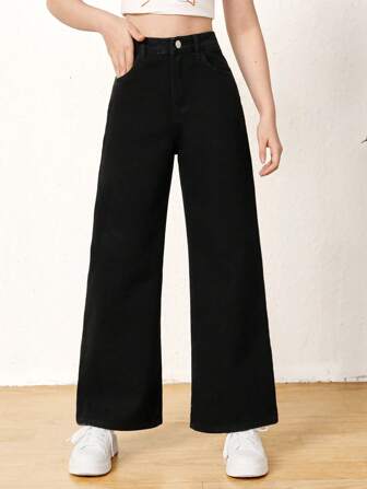 SHEIN Knapp Ficka Dragkedja Enkel Flickor Jeans