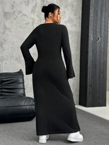 SHEIN EZwear Plus Size Women Casual Solid Color Long Sleeve Asymmetrical Hem Long Dress, Autumn/Winter
