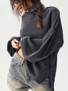 Bohemela Women's Casual Solid Color Knitted Turtleneck Lantern Sleeve Loose Slit Sweatshirt