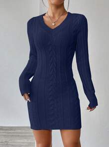 Flirla Vestido ceñido casual de unicolor con escote en V y manga larga, versátil para mujer