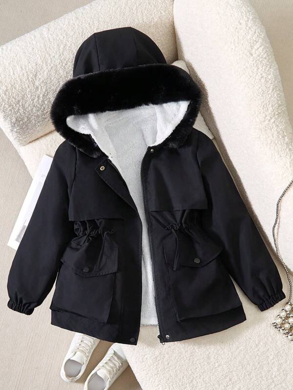 SHEIN Tween Girls Adjustable Waist Middle Length Casual Windbreaker With Thermal Lined, Stand Collar Jacket With Pockets, Suitable For Autumn/Winter