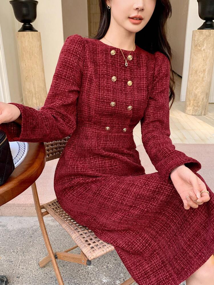 Vestido Médio Ajustado de Gola Redonda de Cor Sólida com Enfeite de Pérola Falsa para Mulheres, Vestido de Manga Longa de Roupas de Outono Vermelho Vestidos Femininos Natal