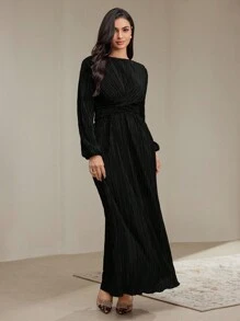 Veilorie Women Elegant Solid Color Textured Lantern Sleeve Long Dress, Autumn Modest - Black - View 7