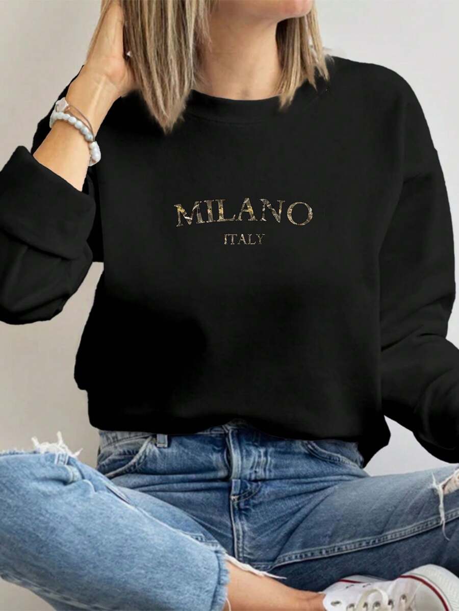 SHEIN EZwear 休闲简约分支 MILANO 印花图案宽松圆领长袖女式连帽衫 - 黑色 - 查看 1