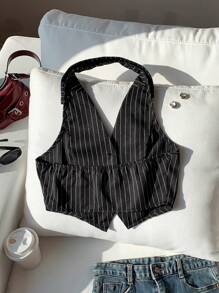 Comfortcana Ladies New Striped Button Front Sleeveless Vest