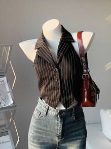 Comfortcana Ladies New Striped Button Front Sleeveless Vest