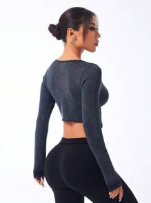 Easithlete Easithlete Casual Solid Color Slim Fit Cropped Long Sleeve Sports T-Shirt - Black - View 2