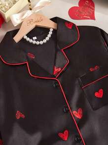 LuxeNights Valentines 3pcs Set Faux Silk Heart Print Top & Long Pants & Shorts Pajamas Set, Fall Winter Clothes - Black - View 4