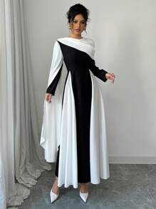 Rafferiza Women's Round Neck Pleated Color Block Elegant Extra Long Sleeve Dress Fall Cloth For Women - Black and White - View 4