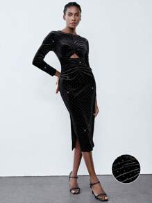 Lumivelle Vestido elegante de franela para mujer con aplicaciones de diamantes de imitación y diseño con recortes, de manga larga, adecuado para atuendos de mujer de largo maxi en otoño/invierno